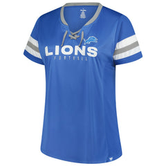 Detroit Lions Women's Plus Size Rhinestone Redzone Athena Lace-Up Notch Neck T-Shirt - Blue - Fanatics