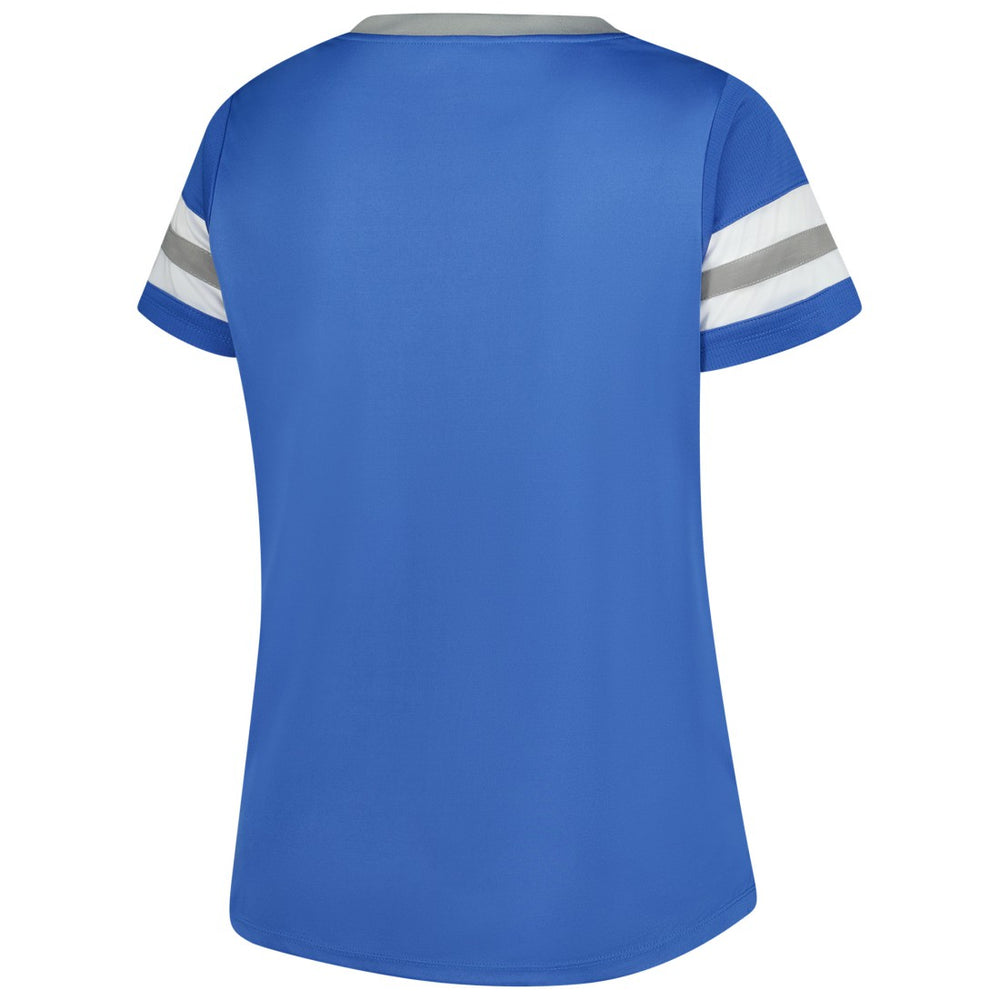 Detroit Lions Women's Plus Size Rhinestone Redzone Athena Lace-Up Notch Neck T-Shirt - Blue - Fanatics