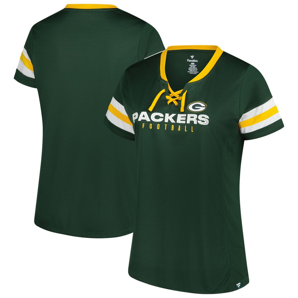 Green Bay Packers Women's Plus Size Rhinestone Redzone Athena Lace-Up Notch Neck T-Shirt - Green - Fanatics
