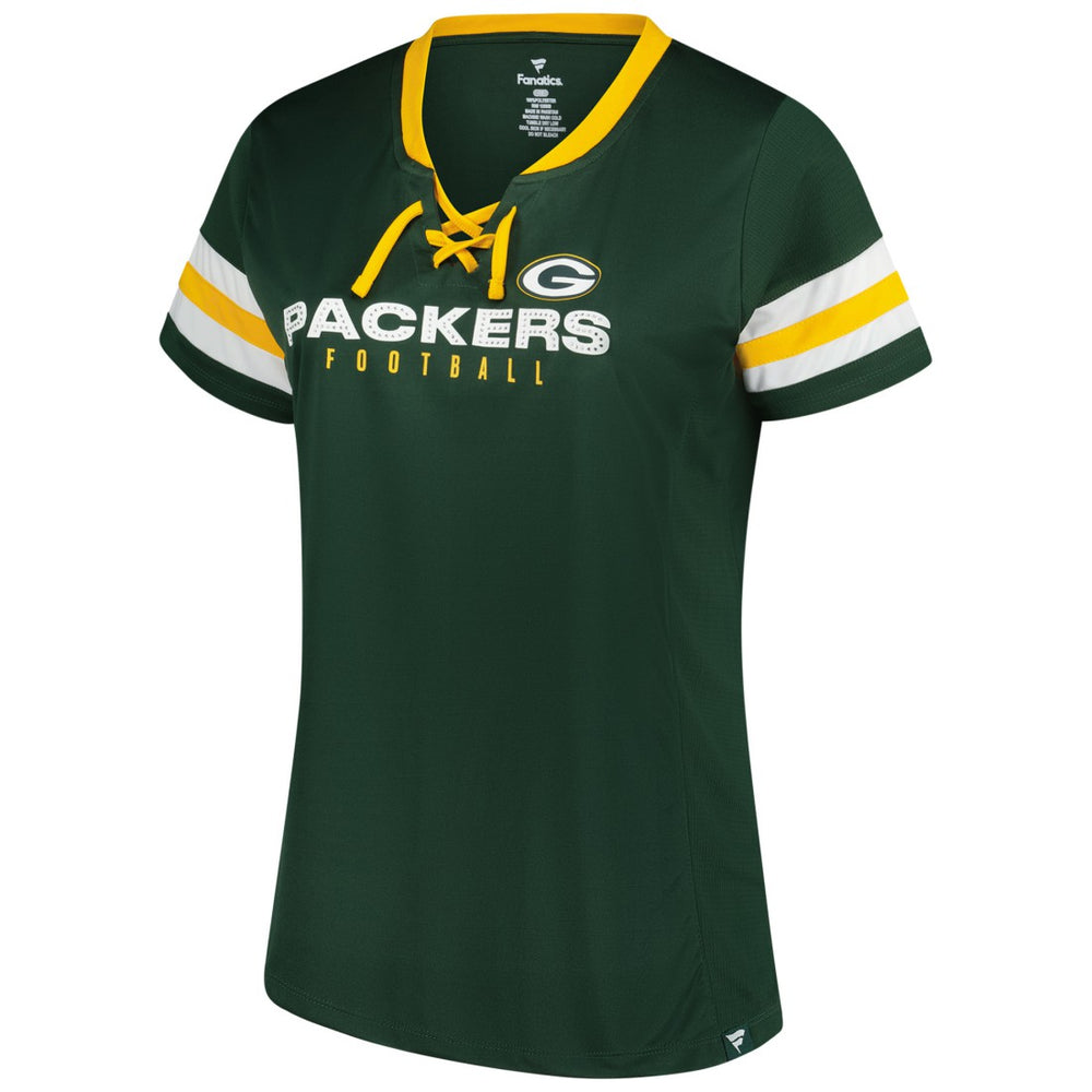 Green Bay Packers Women's Plus Size Rhinestone Redzone Athena Lace-Up Notch Neck T-Shirt - Green - Fanatics