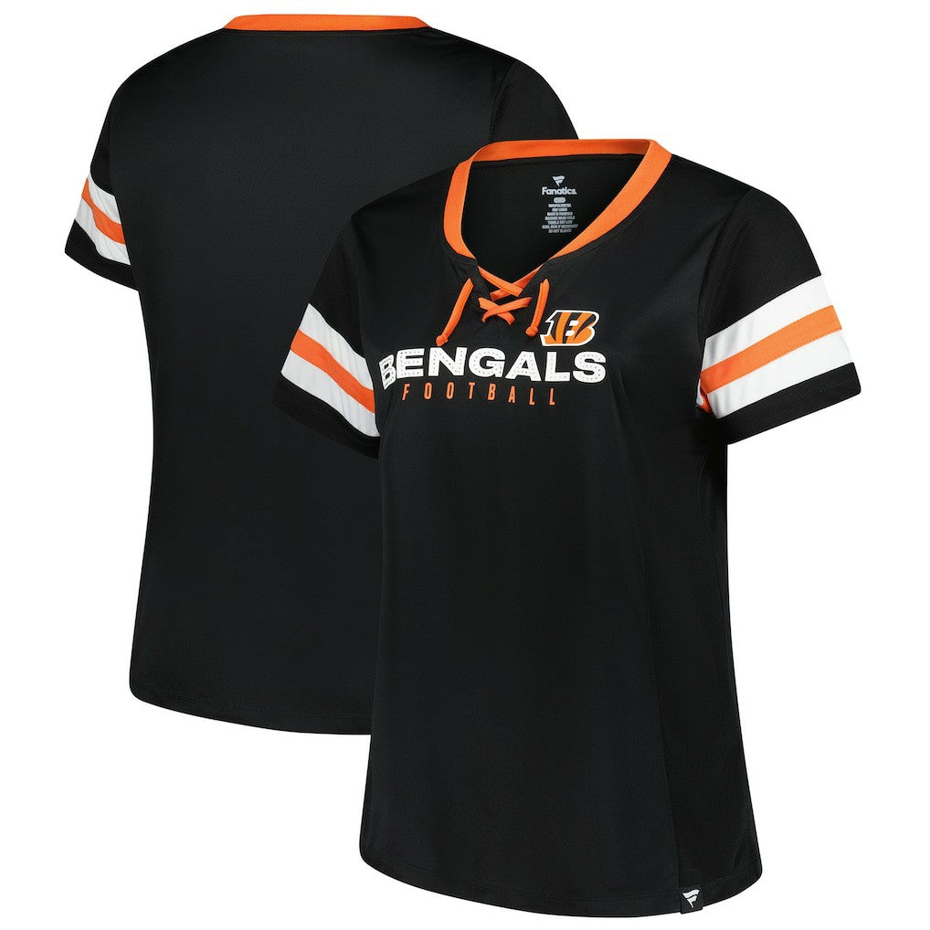 Cincinnati Bengals Women's Plus Size Red Zone Athena Lace-Up V-Notch Neck T-Shirt - Black - Fanatics