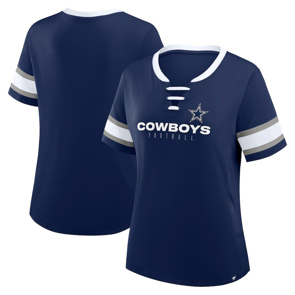 Dallas Cowboys Women's Plus Size Red Zone Athena Lace-Up V-Notch Neck T-Shirt - Navy - Fanatics