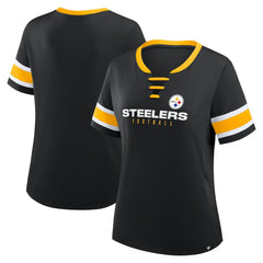 Pittsburgh Steelers Women's Plus Size Red Zone Athena Lace-Up V-Notch Neck T-Shirt - Black - Fanatics