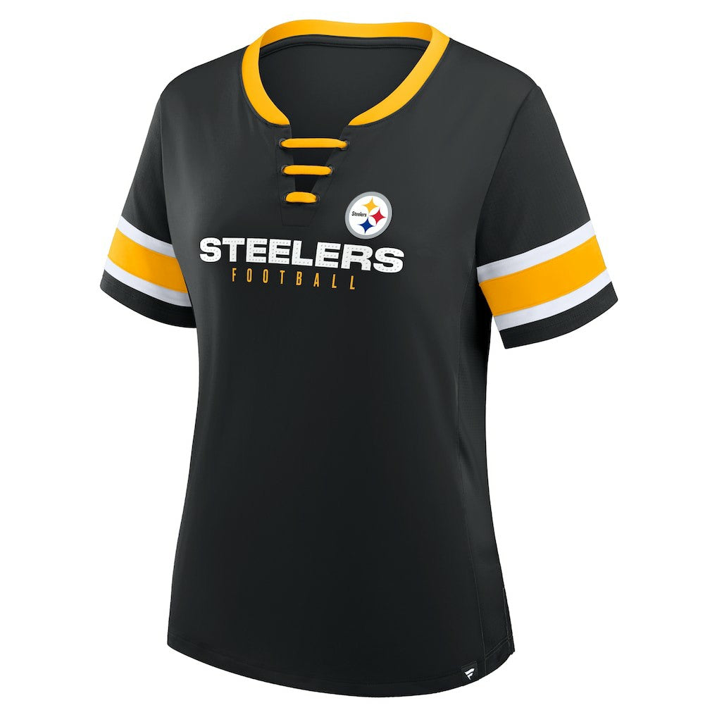 Pittsburgh Steelers Women's Plus Size Red Zone Athena Lace-Up V-Notch Neck T-Shirt - Black - Fanatics