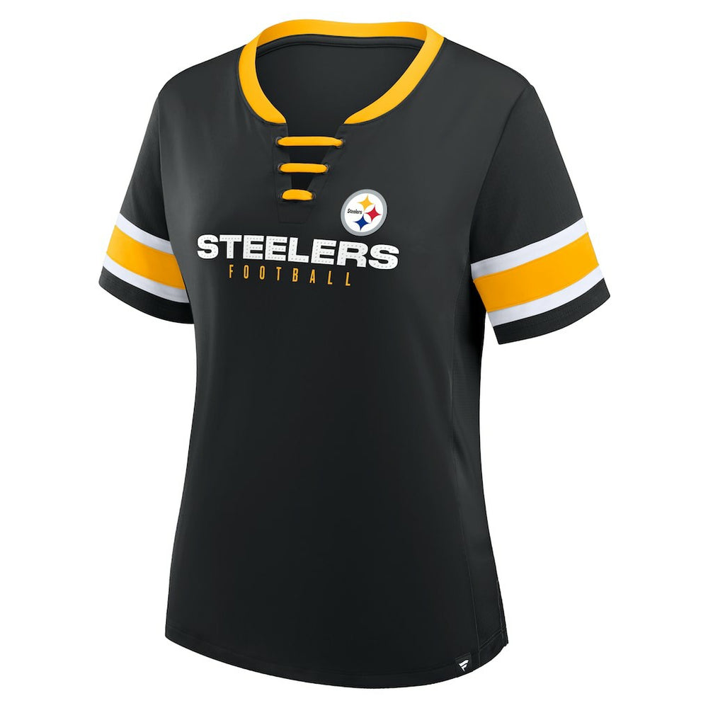 Pittsburgh Steelers Women's Plus Size Red Zone Athena Lace-Up V-Notch Neck T-Shirt - Black - Fanatics