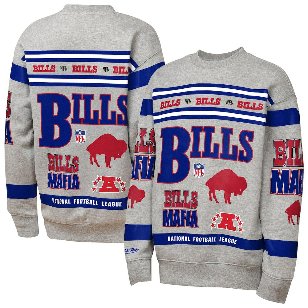 Buffalo Bills Youth Throwback All-Over Print Fleece Sweatshirt - Gray - Mitchell & Ness