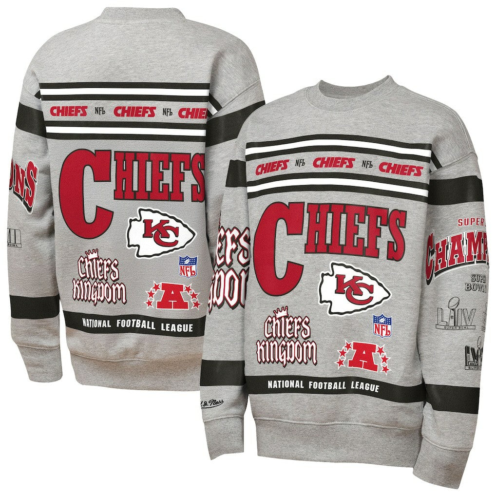 Kansas City Chiefs Youth Throwback All-Over Print Fleece Sweatshirt - Gray - Mitchell & Ness