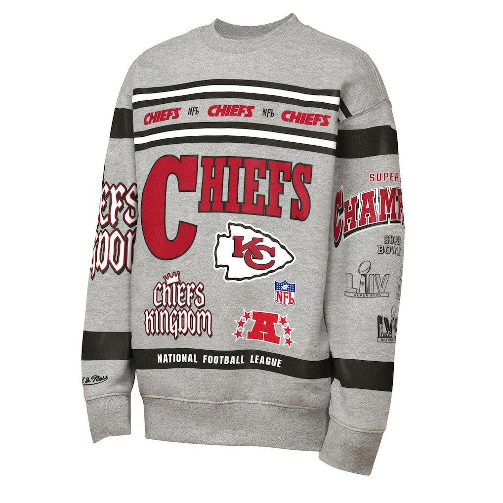 Kansas City Chiefs Youth Throwback All-Over Print Fleece Sweatshirt - Gray - Mitchell & Ness