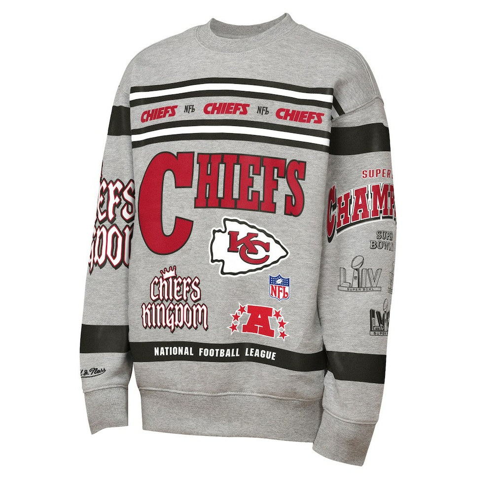 Kansas City Chiefs Youth Throwback All-Over Print Fleece Sweatshirt - Gray - Mitchell & Ness