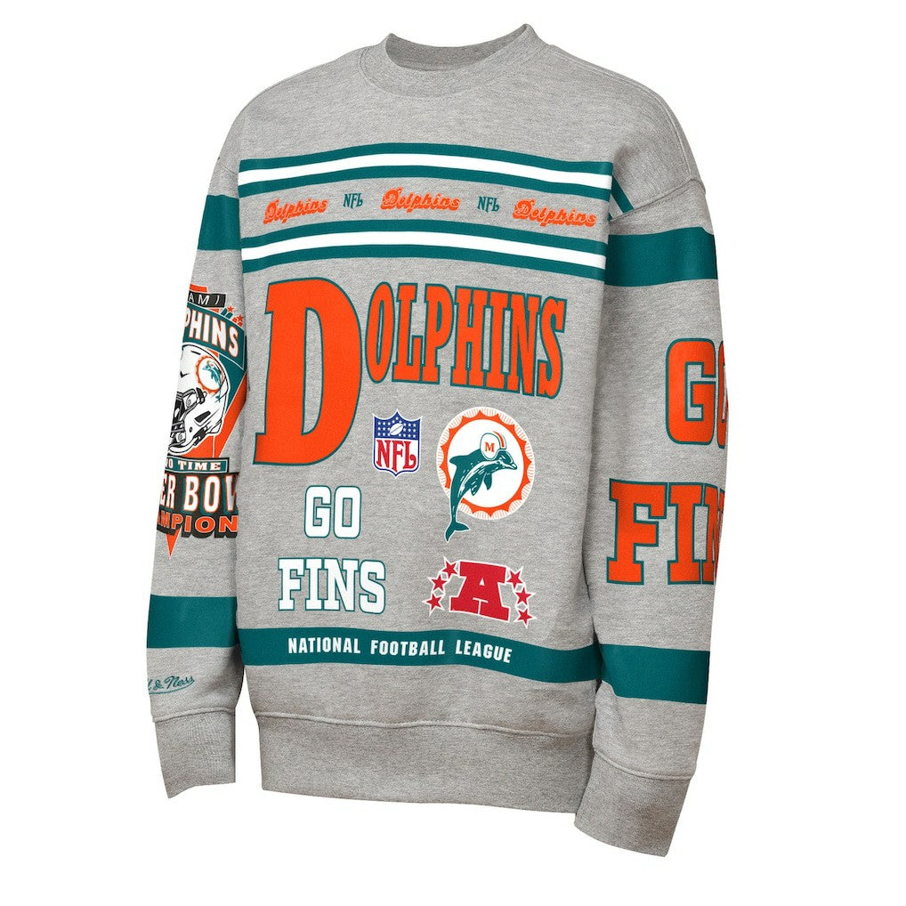 Miami Dolphins Youth Throwback All-Over Print Fleece Sweatshirt - Gray - Mitchell & Ness