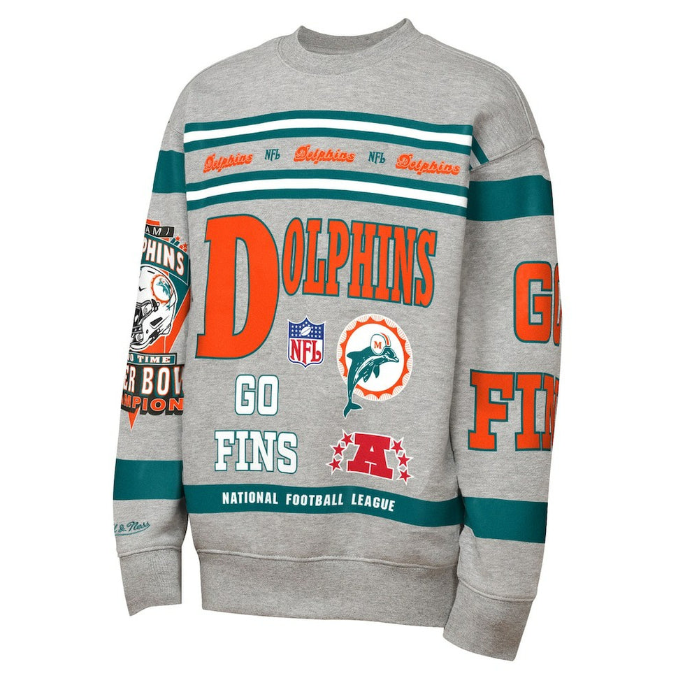 Miami Dolphins Youth Throwback All-Over Print Fleece Sweatshirt - Gray - Mitchell & Ness