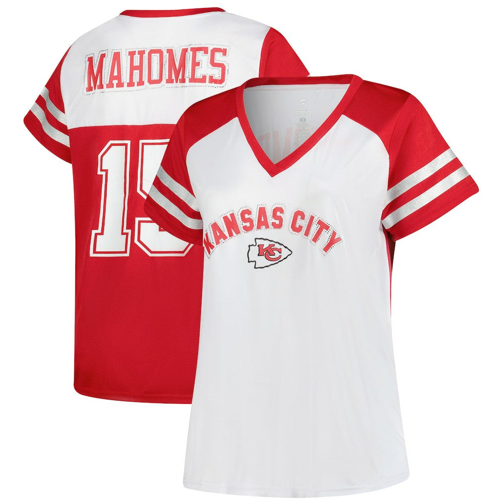 Patrick Mahomes Kansas City Chiefs Women's Plus Size Bling V-Neck T-Shirt - White - Fanatics