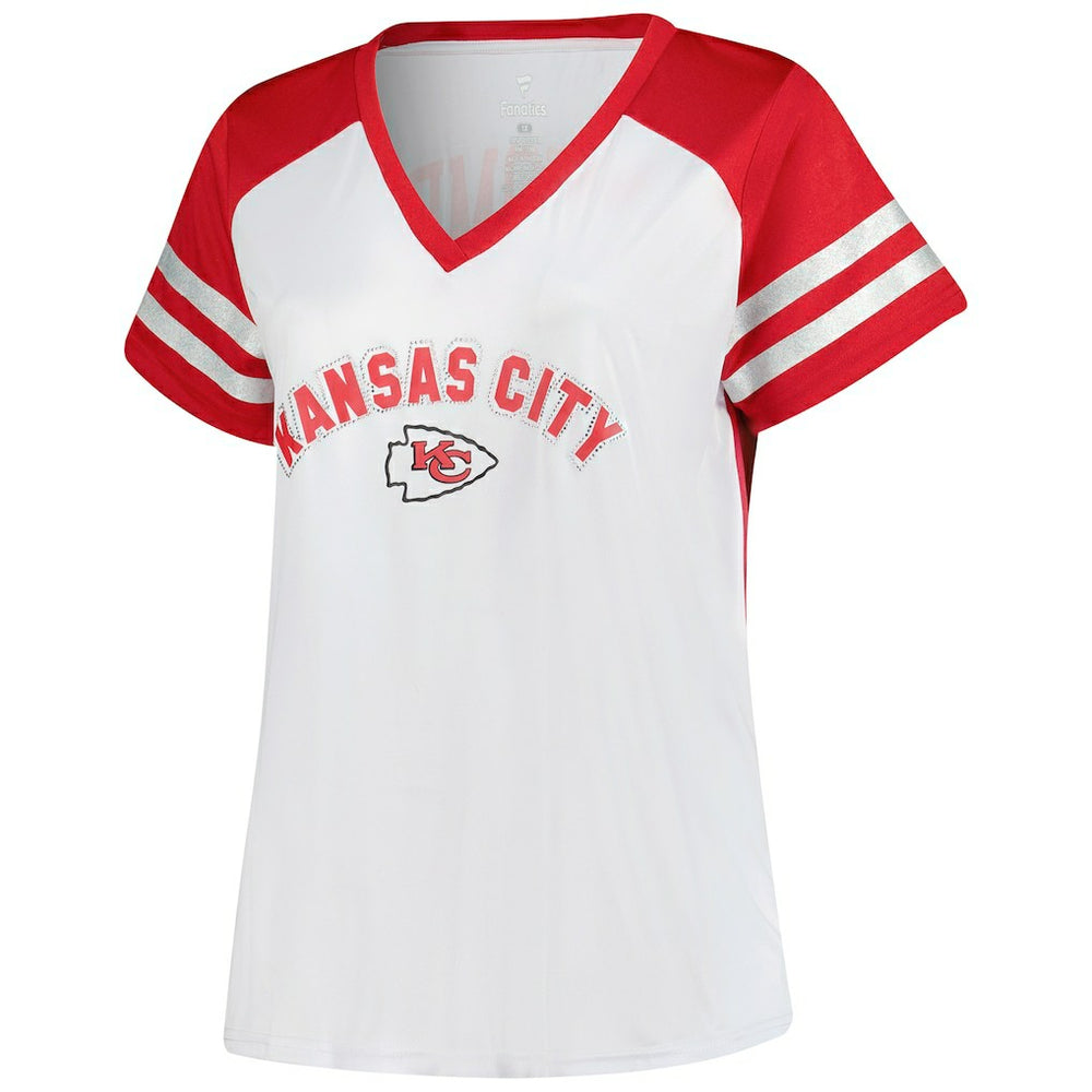 Patrick Mahomes Kansas City Chiefs Women's Plus Size Bling V-Neck T-Shirt - White - Fanatics