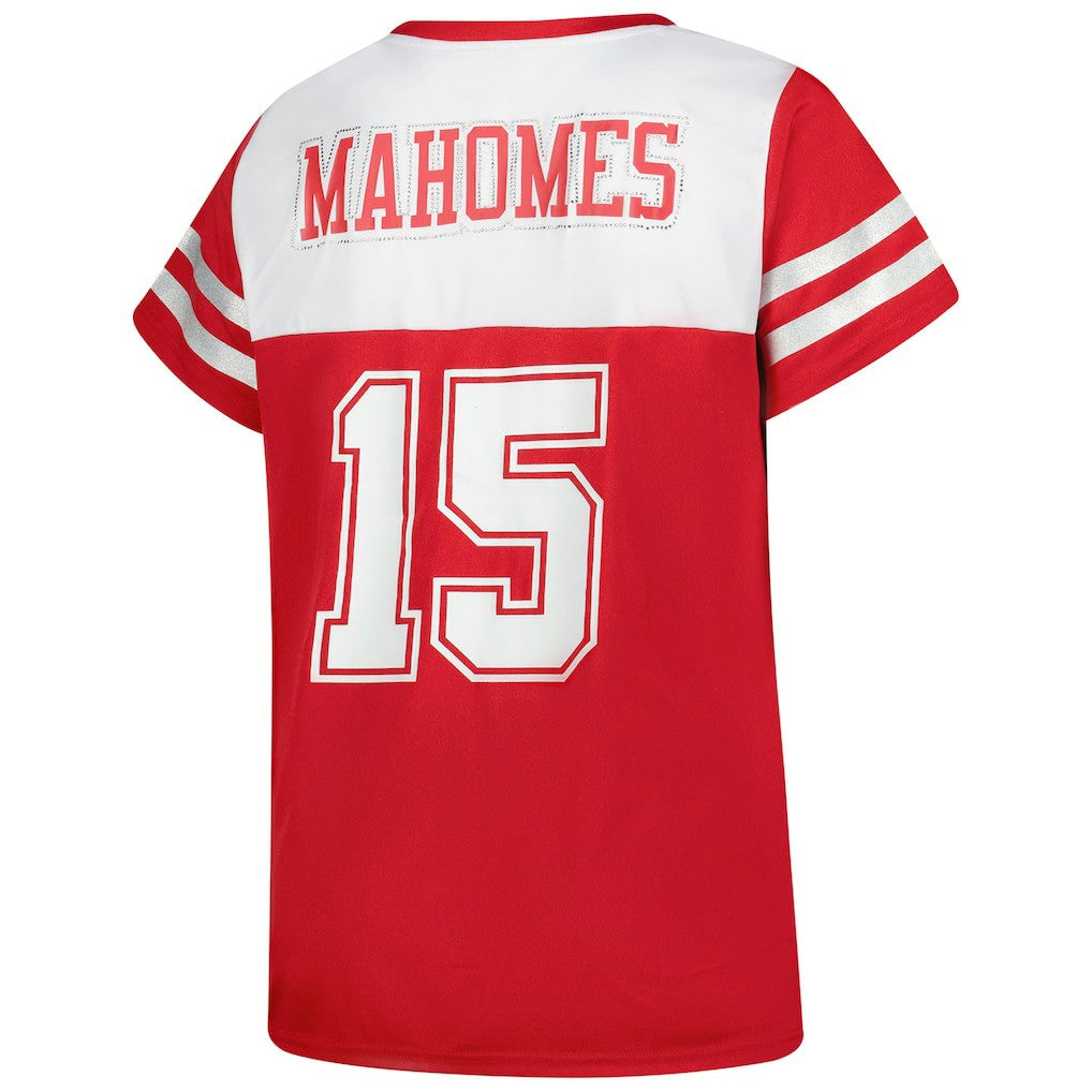 Patrick Mahomes Kansas City Chiefs Women's Plus Size Bling V-Neck T-Shirt - White - Fanatics