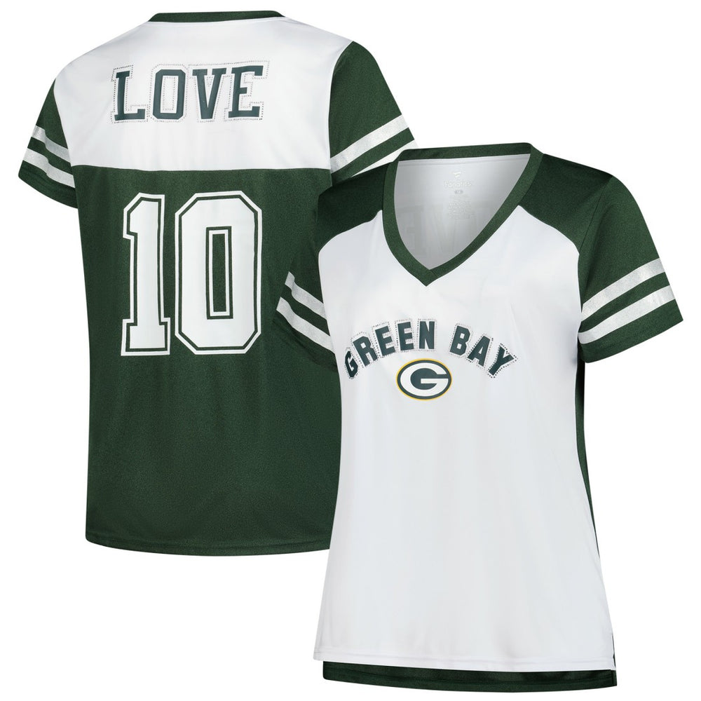 Jordan Love Green Bay Packers Women's Plus Size Bling V-Neck T-Shirt - White - Fanatics
