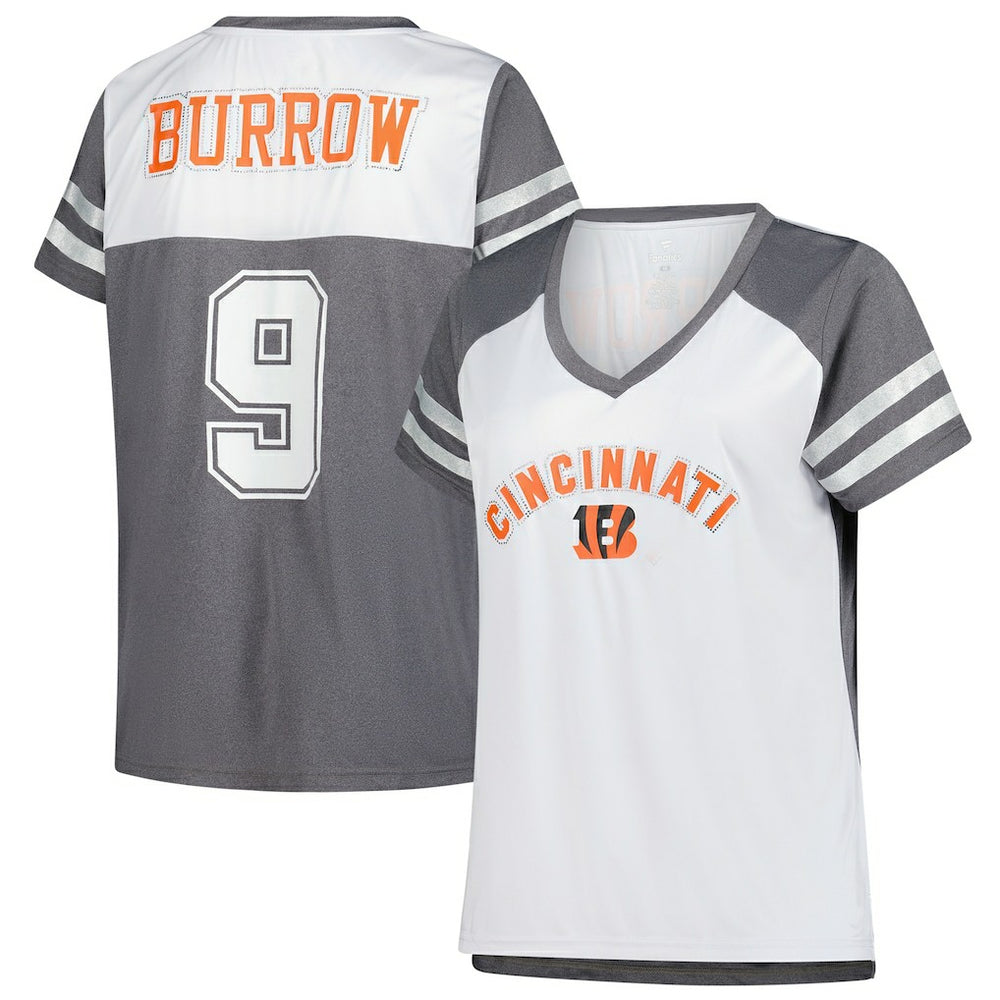 Joe Burrow Cincinnati Bengals Women's Plus Size Bling V-Neck T-Shirt - White - Fanatics