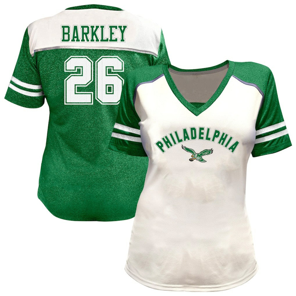Saquon Barkley Philadelphia Eagles Women's Plus Size Bling V-Neck T-Shirt - White - Fanatics