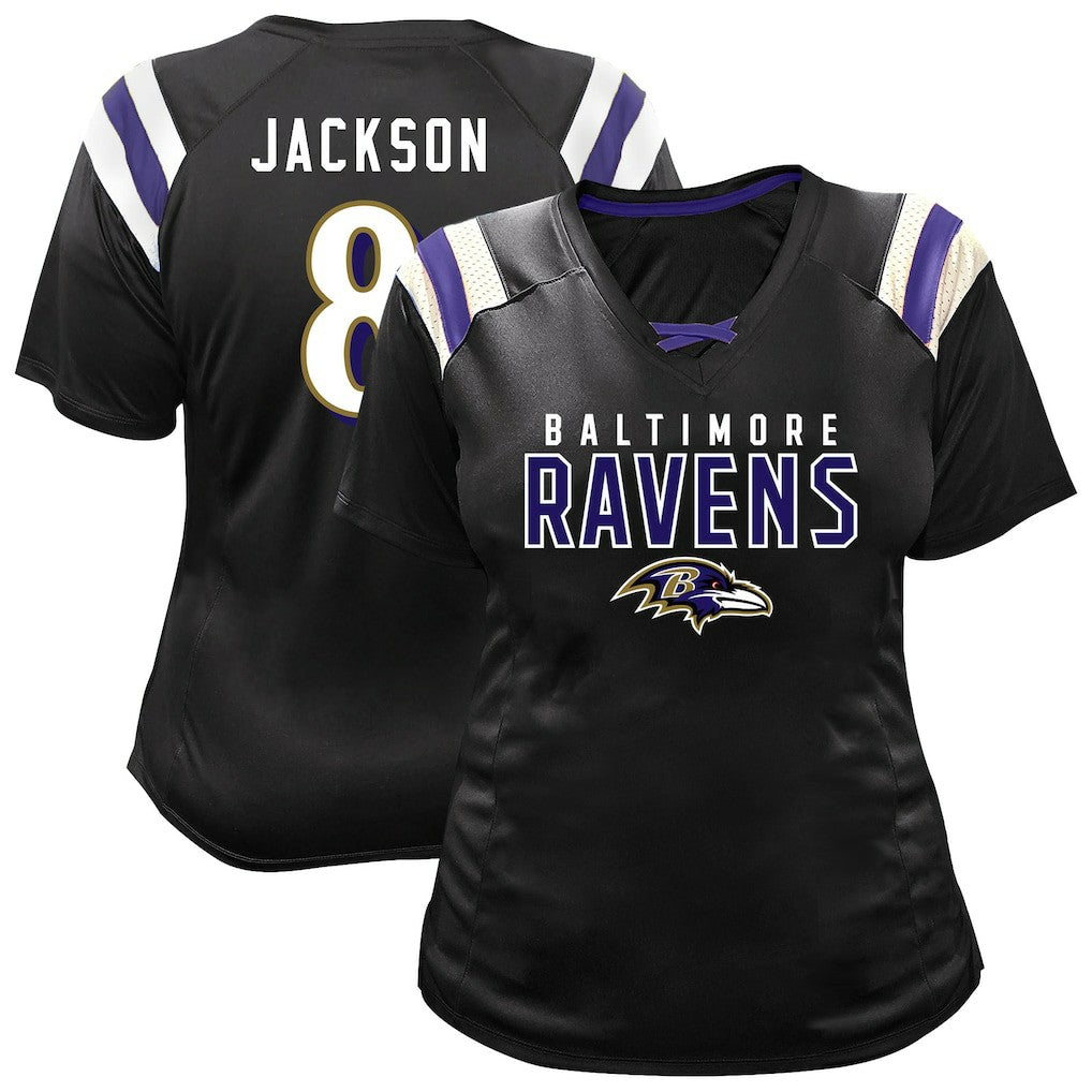 Lamar Jackson Baltimore Ravens Women's Plus Size Name & Number Raglan Lace V-Neck T-Shirt - Black - Fanatics