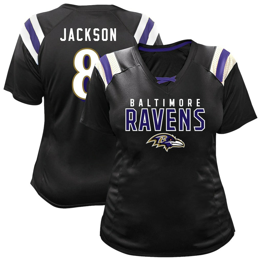 Lamar Jackson Baltimore Ravens Women's Plus Size Name & Number Raglan Lace V-Neck T-Shirt - Black - Fanatics