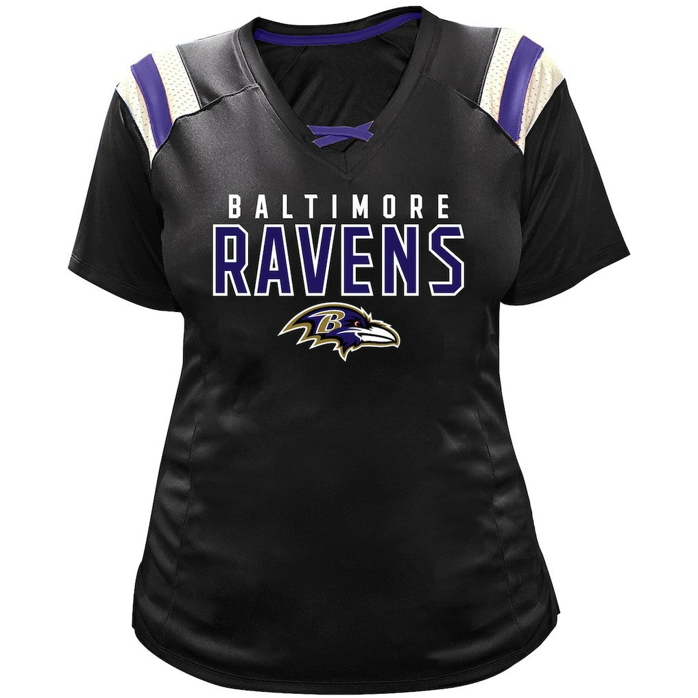 Lamar Jackson Baltimore Ravens Women's Plus Size Name & Number Raglan Lace V-Neck T-Shirt - Black - Fanatics