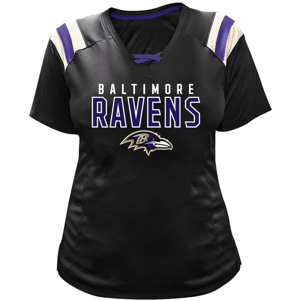 Lamar Jackson Baltimore Ravens Women's Plus Size Name & Number Raglan Lace V-Neck T-Shirt - Black - Fanatics