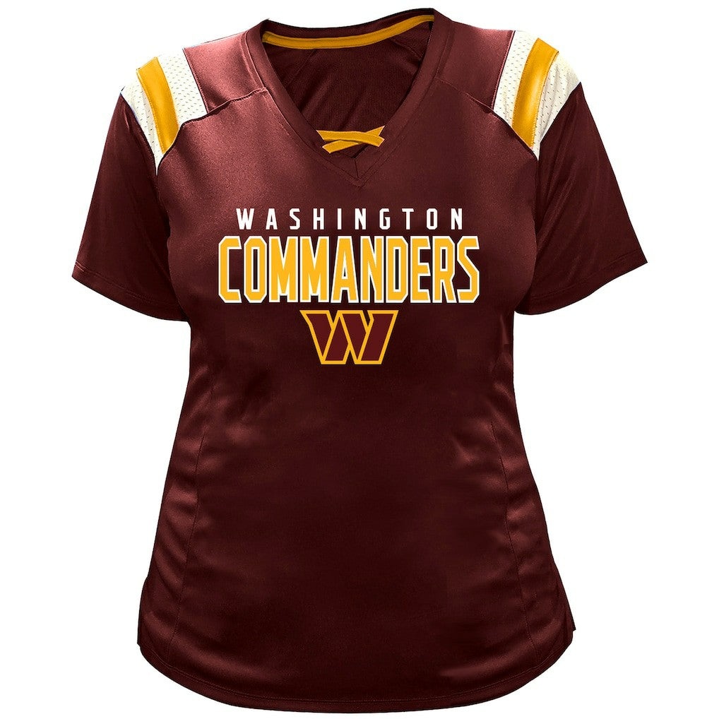 Jayden Daniels Washington Commanders Women's Plus Size Name & Number Raglan Lace V-Neck T-Shirt - Burgundy - Fanatics