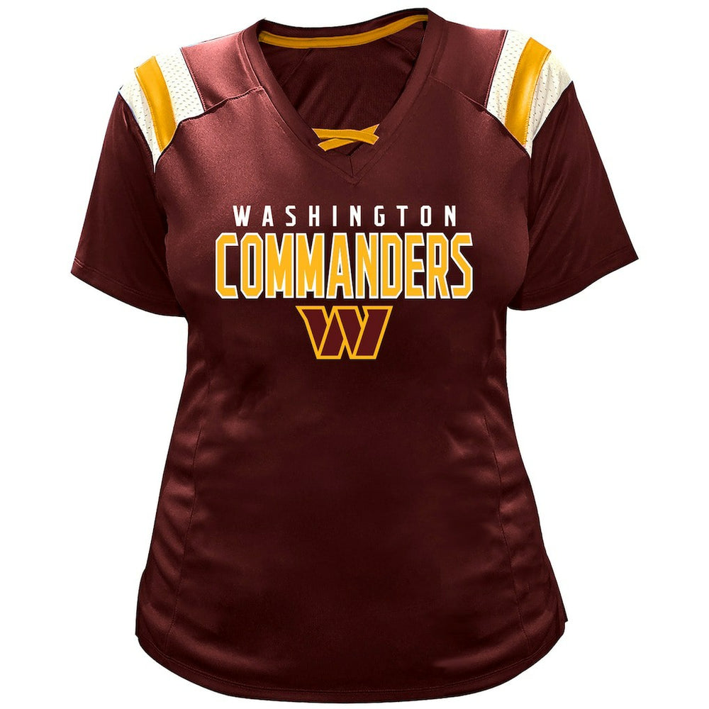 Jayden Daniels Washington Commanders Women's Plus Size Name & Number Raglan Lace V-Neck T-Shirt - Burgundy - Fanatics