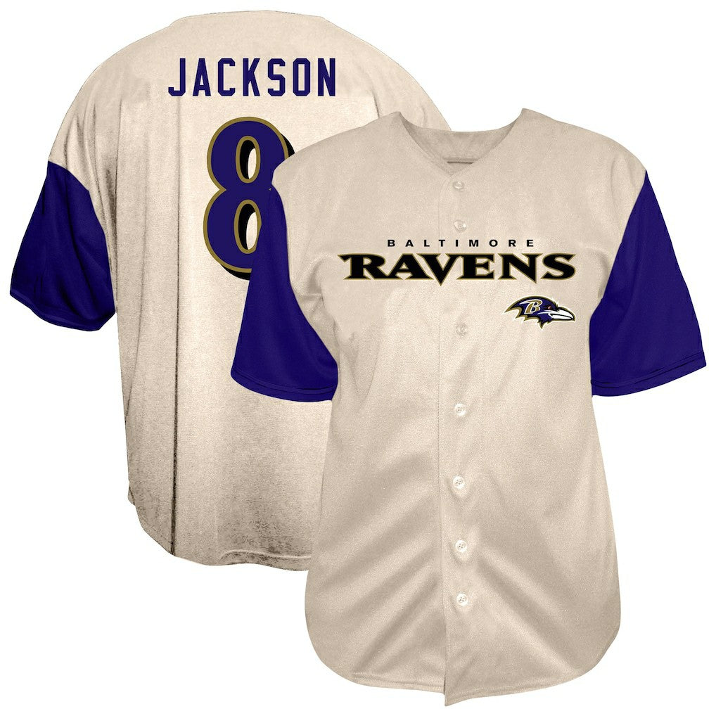 Lamar Jackson Baltimore Ravens Big & Tall Baseball Button-Up Shirt - Cream - Fanatics