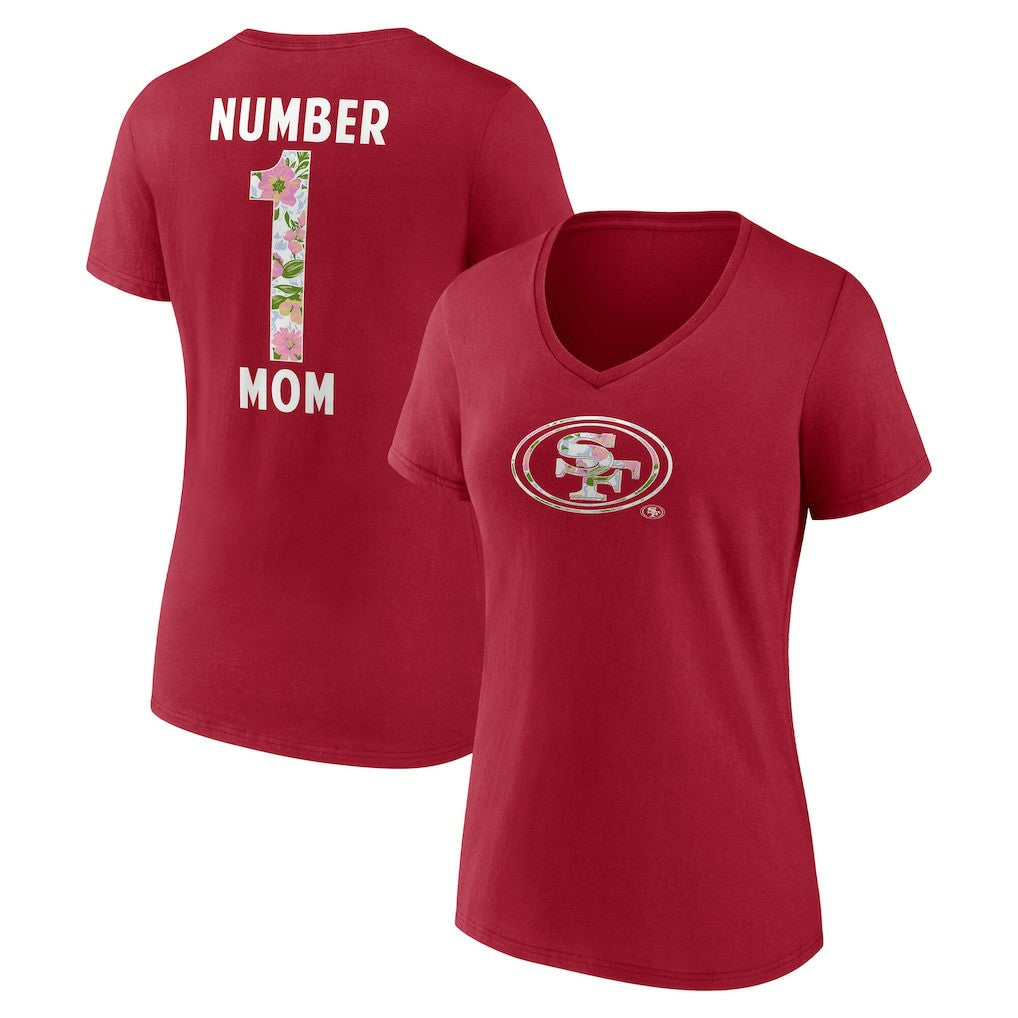 San Francisco 49ers Women's Number 1 Mom Floral V-Neck T-Shirt - Scarlet - NFL