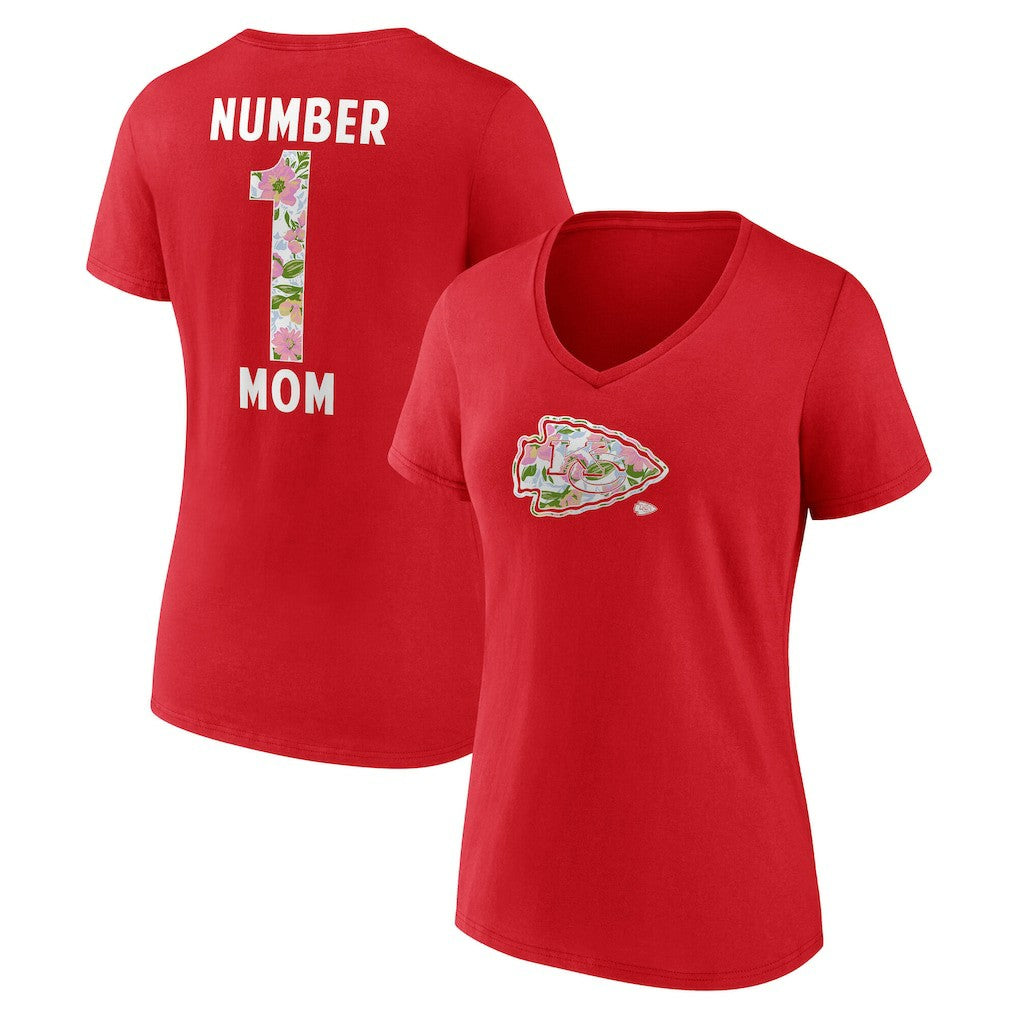 Kansas City Chiefs Women's Number 1 Mom Floral V-Neck T-Shirt - Red - NFL