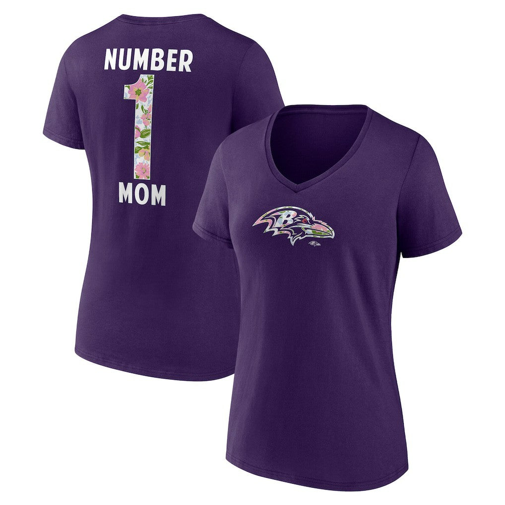 Baltimore Ravens Women's Number 1 Mom Floral V-Neck T-Shirt - Purple - NFL