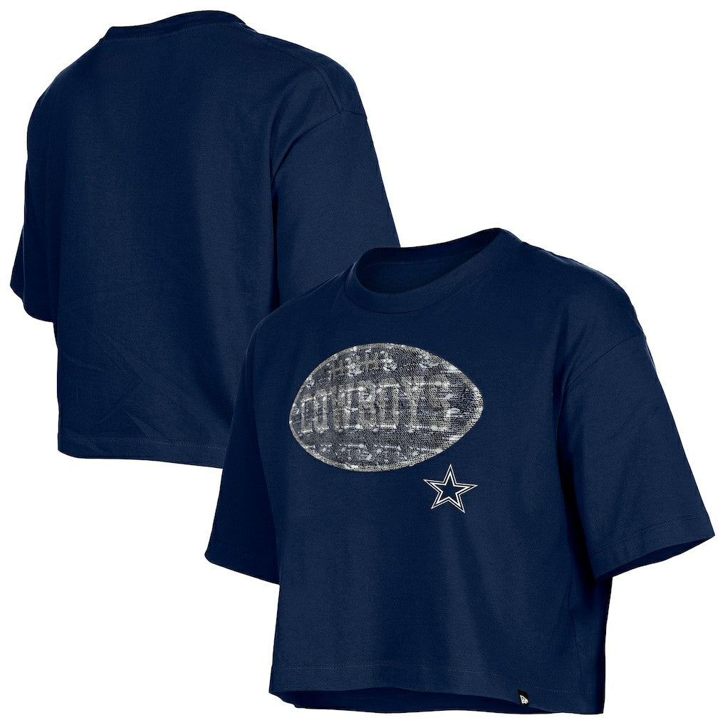 Dallas Cowboys New Era Girl's Flip Sequin Boxy T-Shirt - Navy - NFL