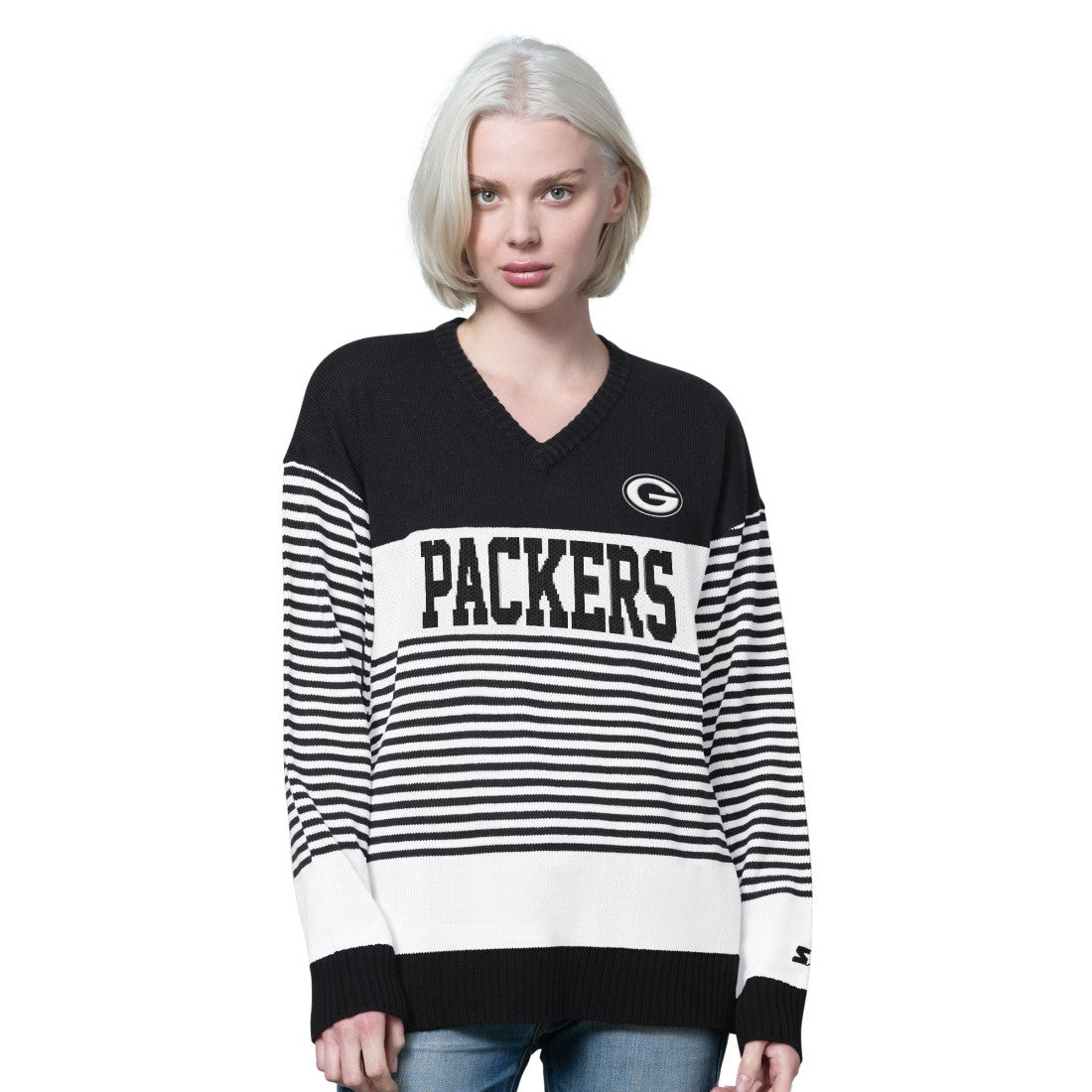 Green Bay Packers Starter Women's No Huddle Striped V-Neck Sweater - Black - NFL