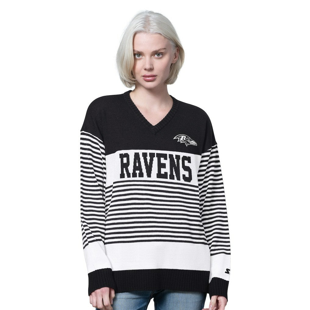 Baltimore Ravens Starter Women's No Huddle Striped V-Neck Sweater - Black - NFL