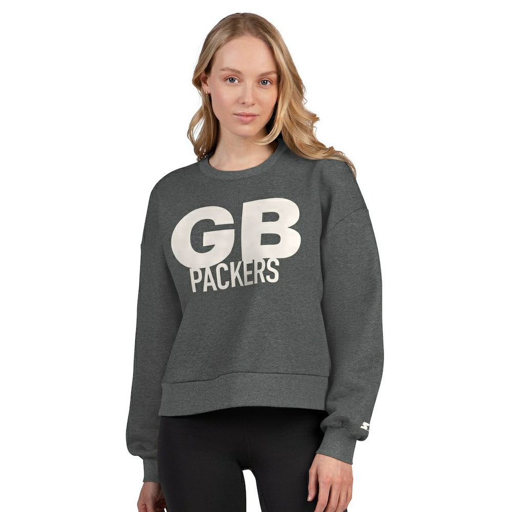 Green Bay Packers Starter Women's Show Up Cropped Fleece Pullover Sweatshirt - Heather Gray - NFL