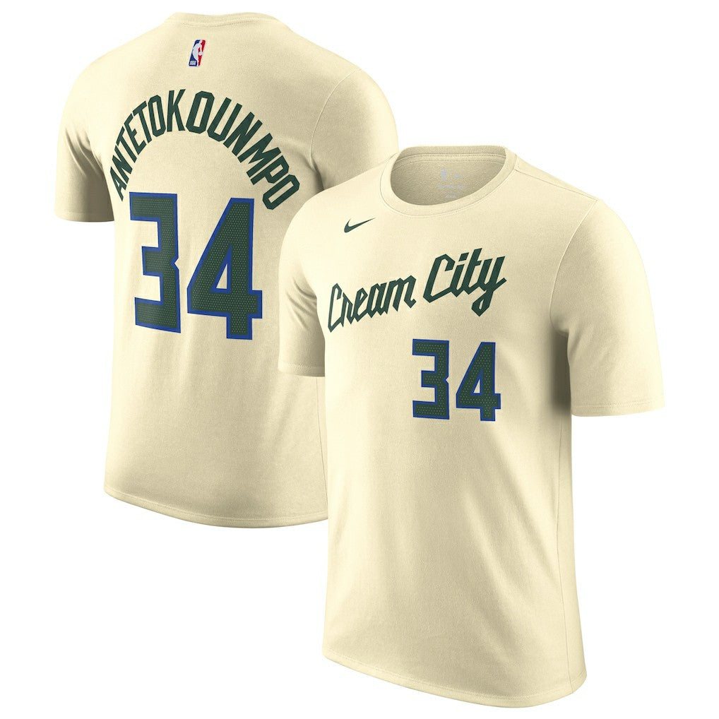 Nike Giannis Antetokounmpo Milwaukee Bucks Unisex 2025/26 City Edition Name & Number T-Shirt Cream