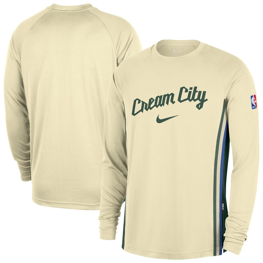 Nike Milwaukee Bucks 2025/26 City Edition Authentic Pregame Dri-FIT Long Sleeve Shooting T-Shirt Cream