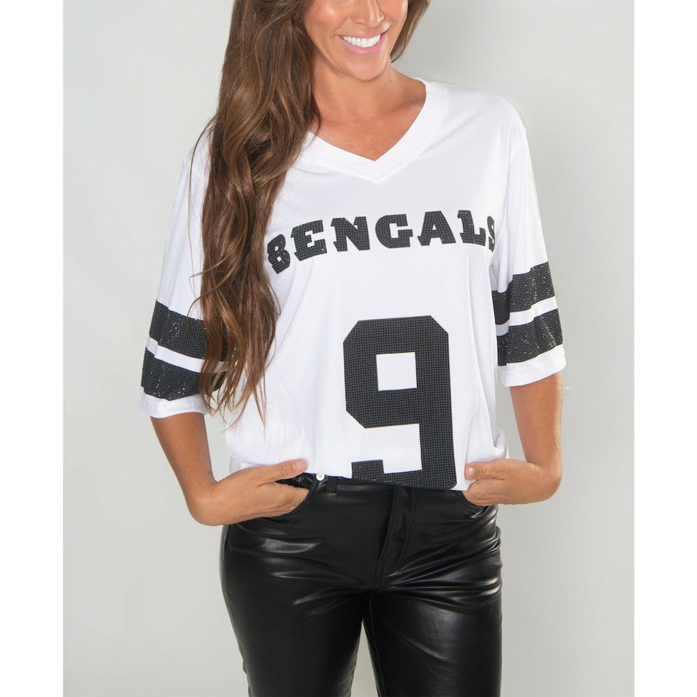 Joe Burrow Cincinnati Bengals Cuce Women's Crystal V-Neck Tunic - White - NFL