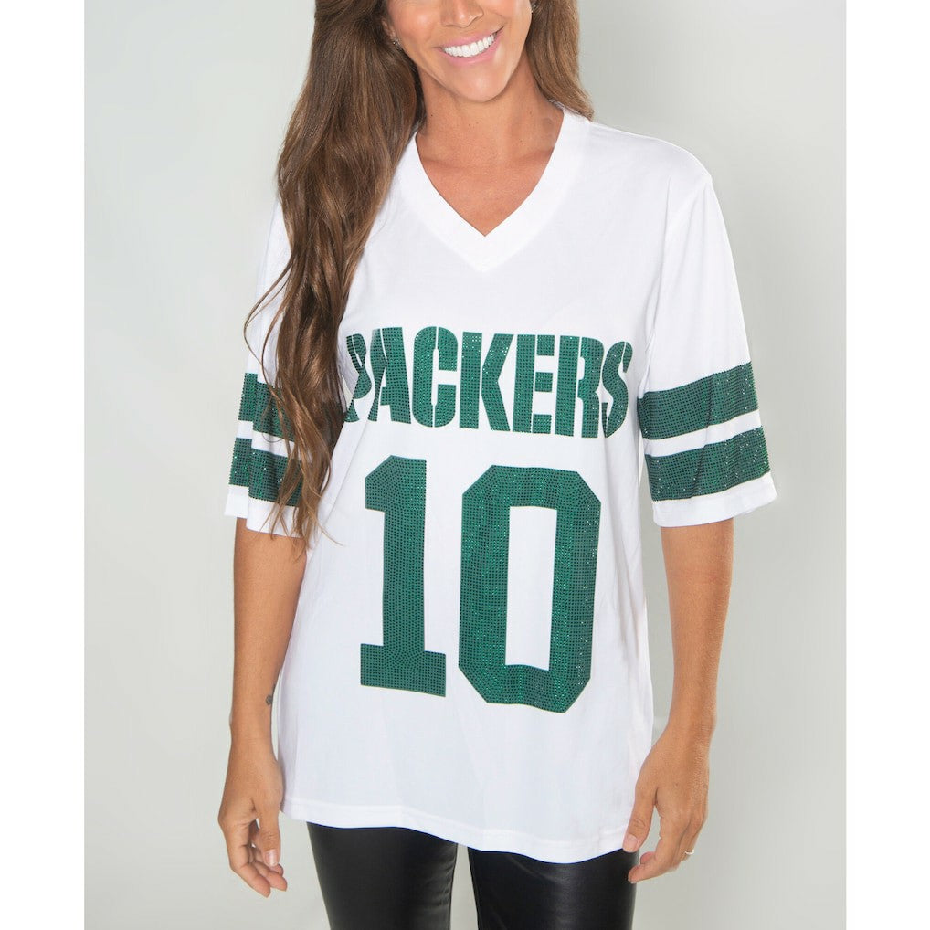 Jordan Love Green Bay Packers Cuce Women's Crystal V-Neck Tunic - White - NFL