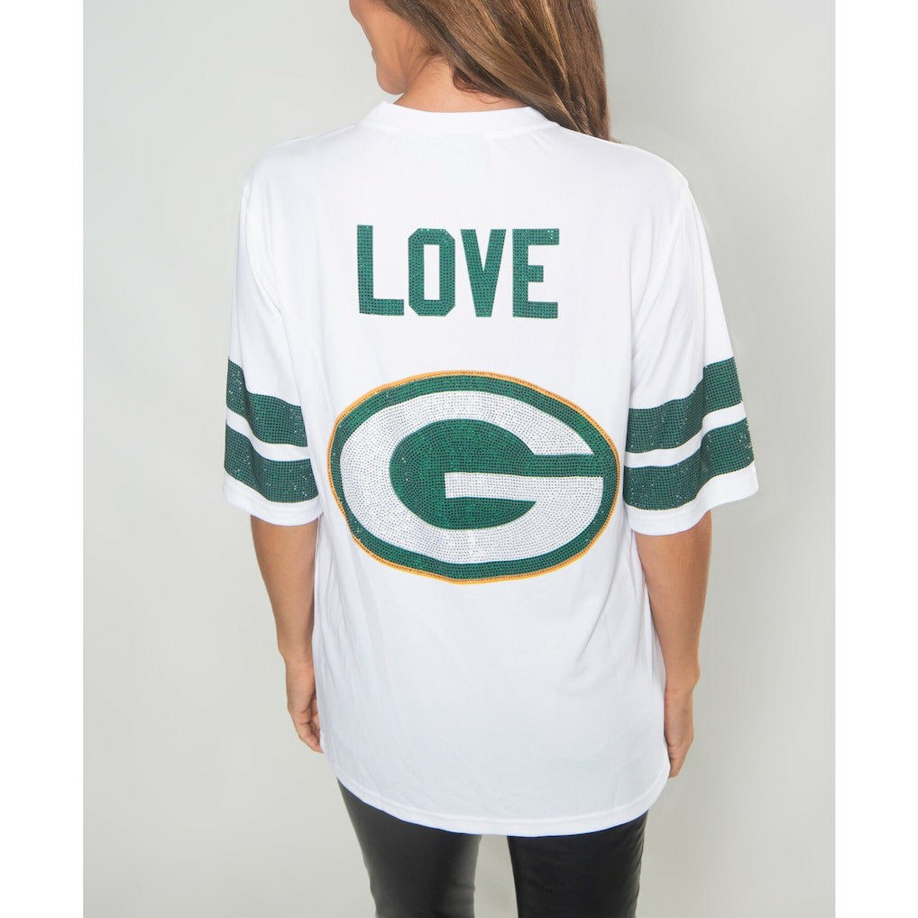 Jordan Love Green Bay Packers Cuce Women's Crystal V-Neck Tunic - White - NFL