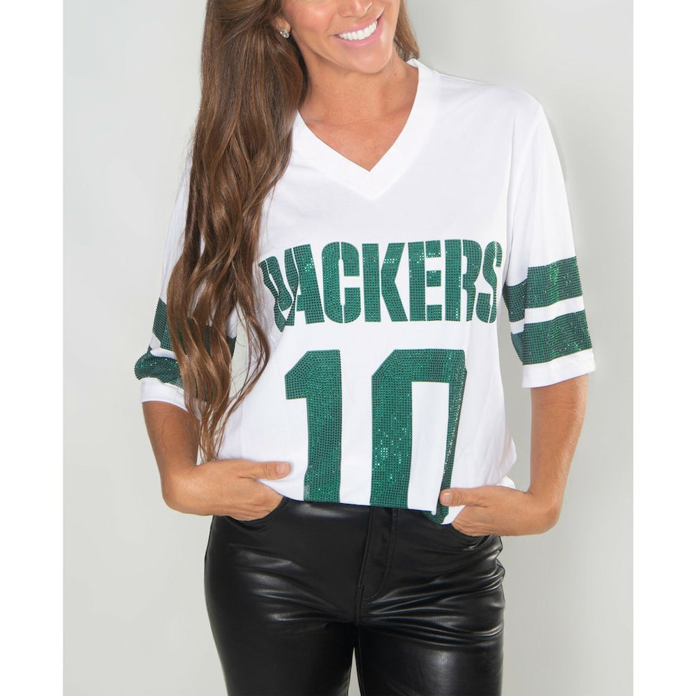 Jordan Love Green Bay Packers Cuce Women's Crystal V-Neck Tunic - White - NFL