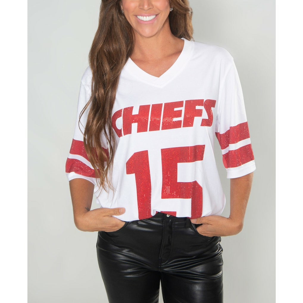 Kansas City Chiefs Cuce Women's Crystal V-Neck Tunic - White - NFL