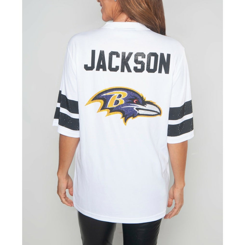 Lamar Jackson Baltimore Ravens Cuce Women's Crystal V-Neck Tunic - White - NFL