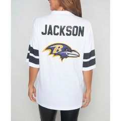 Lamar Jackson Baltimore Ravens Cuce Women's Crystal V-Neck Tunic - White - NFL