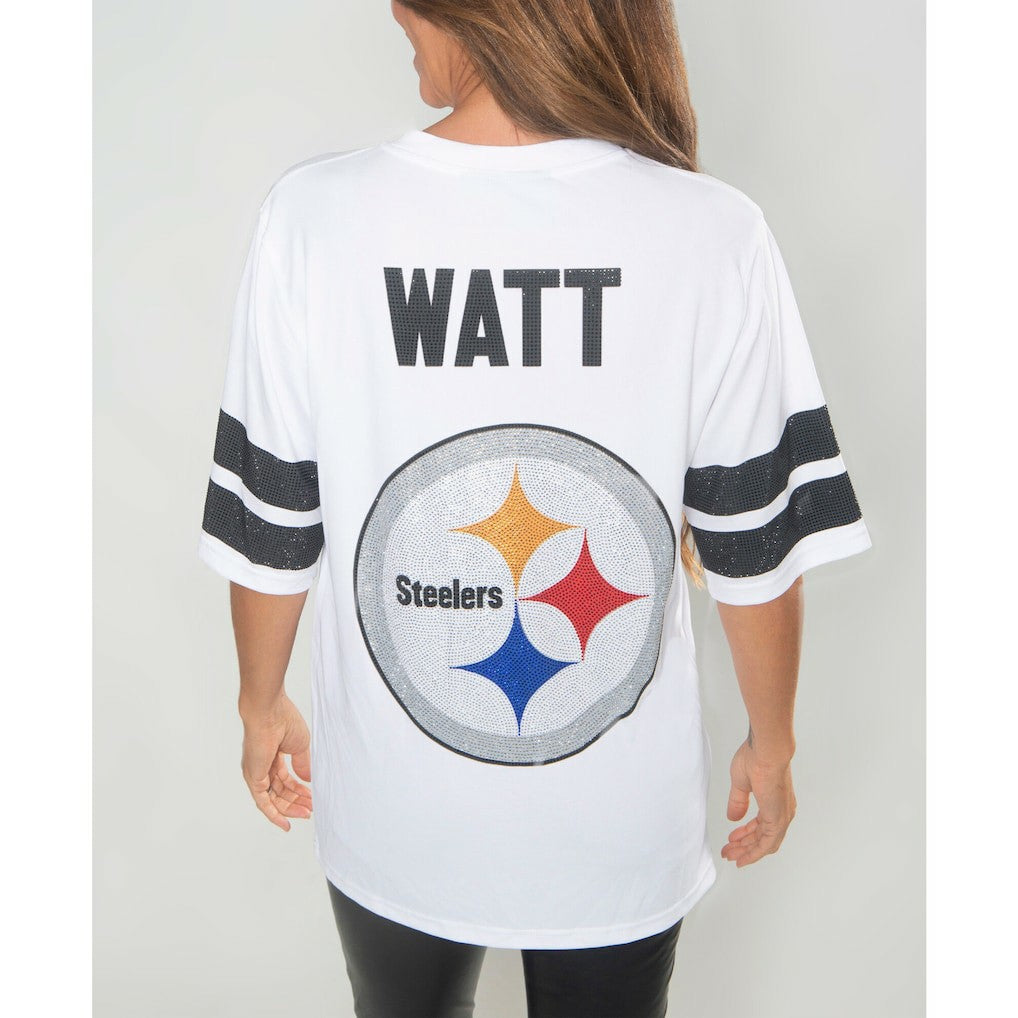 T.J. Watt Pittsburgh Steelers Cuce Women's Crystal V-Neck Tunic - White - NFL