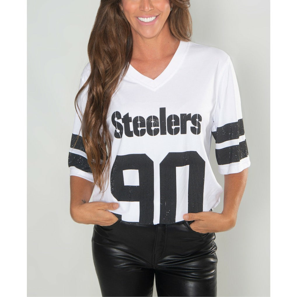 T.J. Watt Pittsburgh Steelers Cuce Women's Crystal V-Neck Tunic - White - NFL