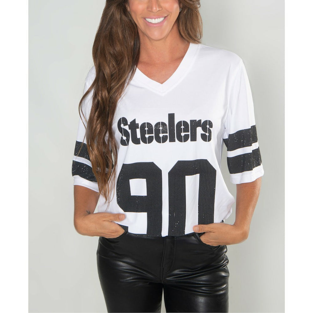 T.J. Watt Pittsburgh Steelers Cuce Women's Crystal V-Neck Tunic - White - NFL