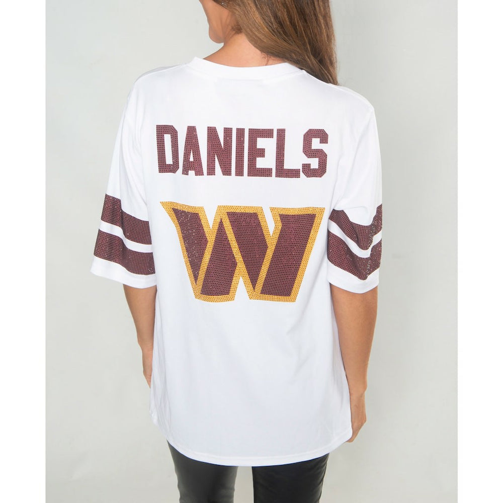 Jayden Daniels Washington Commanders Cuce Women's Crystal V-Neck Tunic - White - NFL