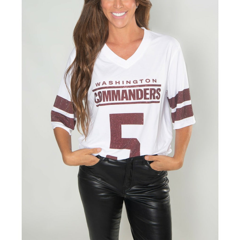 Jayden Daniels Washington Commanders Cuce Women's Crystal V-Neck Tunic - White - NFL