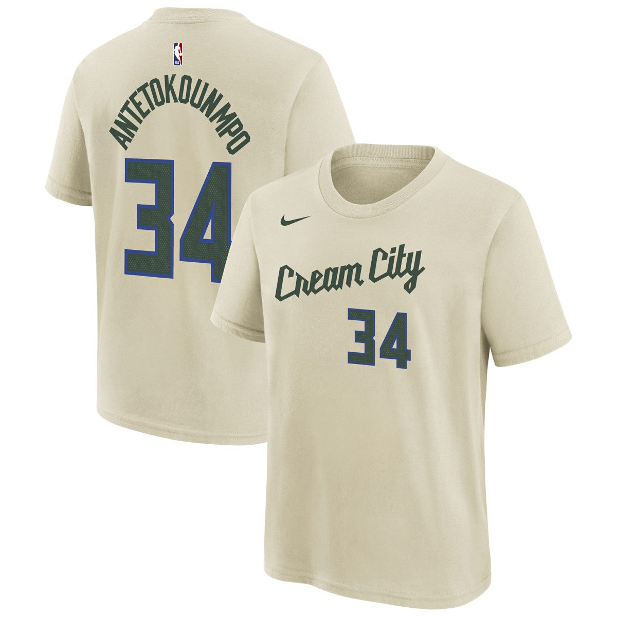 Nike Giannis Antetokounmpo Milwaukee Bucks Youth 2025/26 City Edition Name & Number T-Shirt Cream